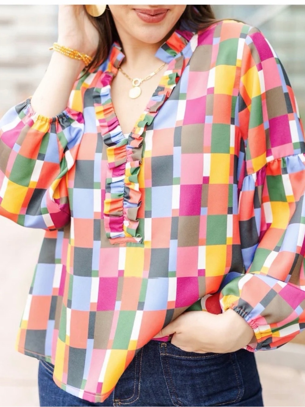 Women's Multicolor Check Ruffle V-Neck Blouse Fall Preppy